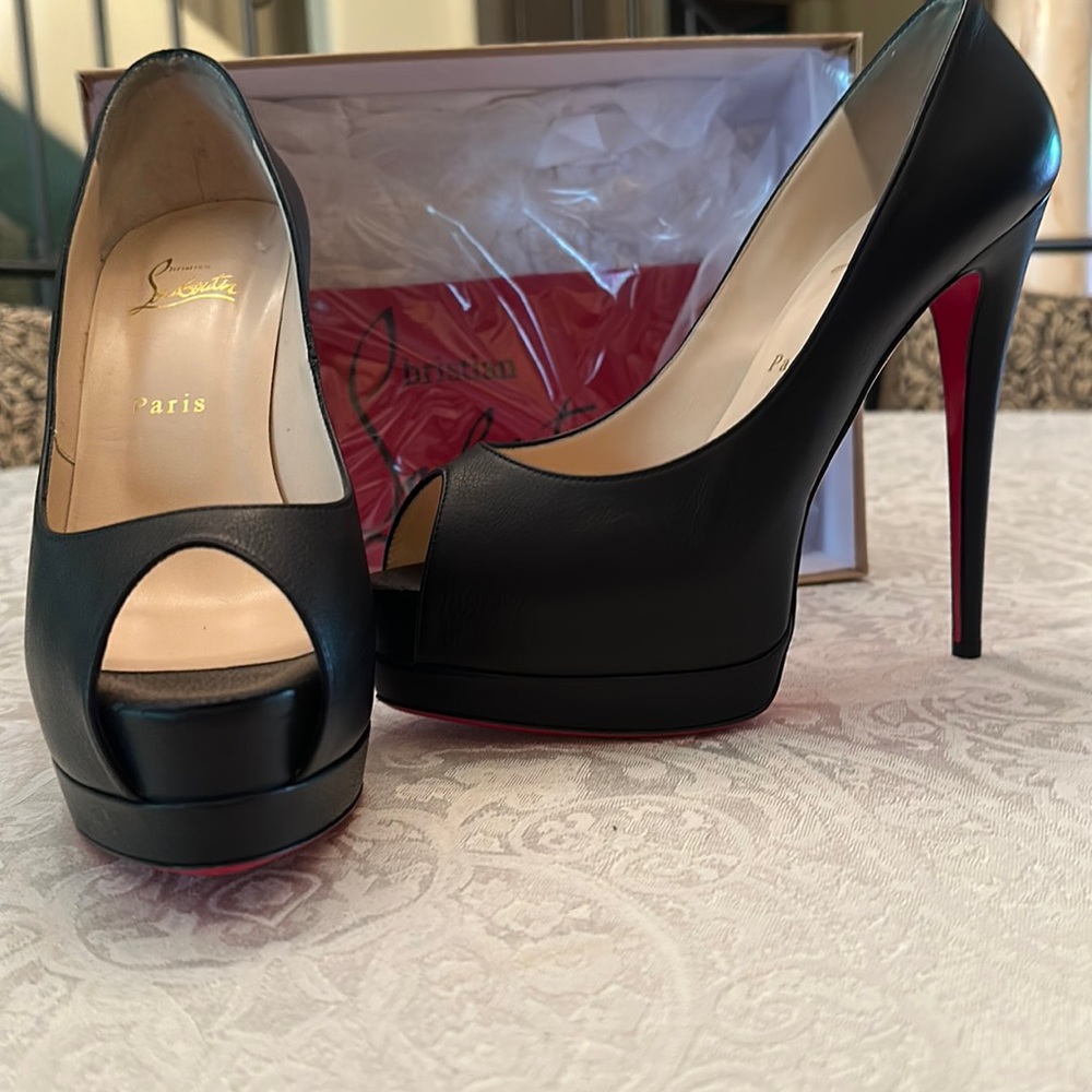 Christian Louboutin Black Leather Peep-Toe Platform Pumps with Red Soles